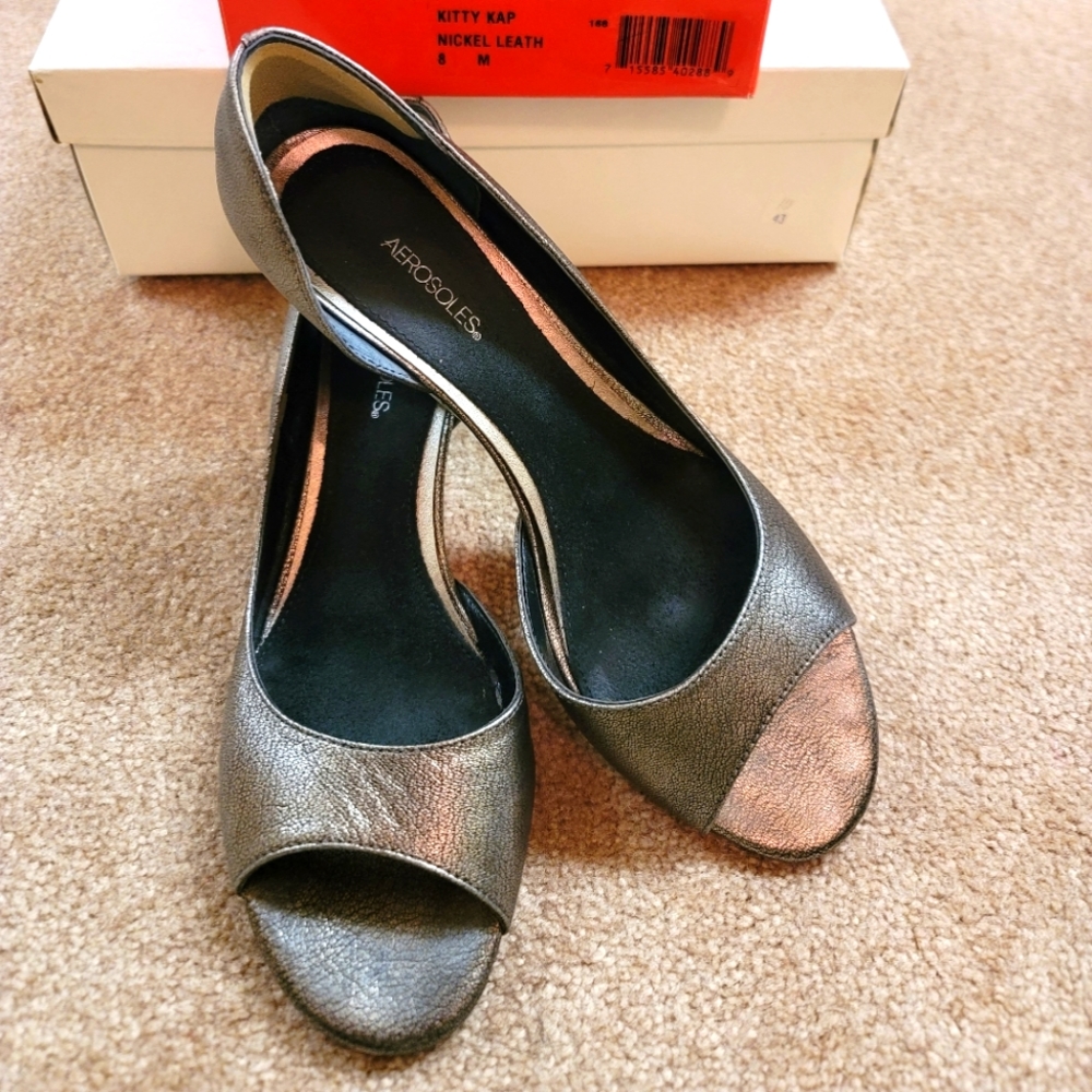AEROSOLES Metallic Slip-On heels with Open-Toe Design